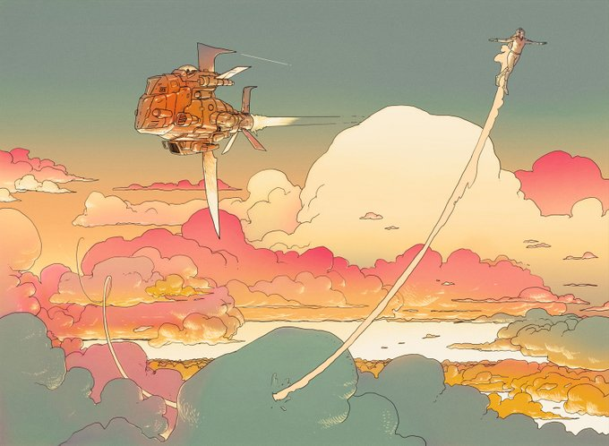 Aircraft above pastel clouds