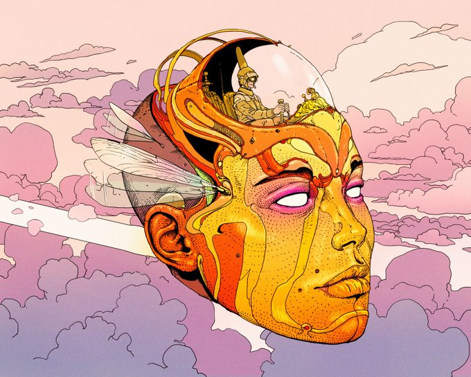 Golden head in the clouds